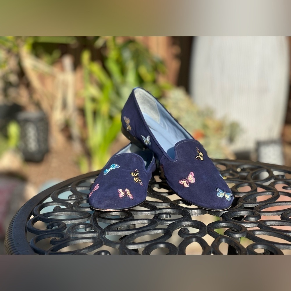 Blue Bird — Embroidered Butterfly Suede Flats - Picture 2 of 9